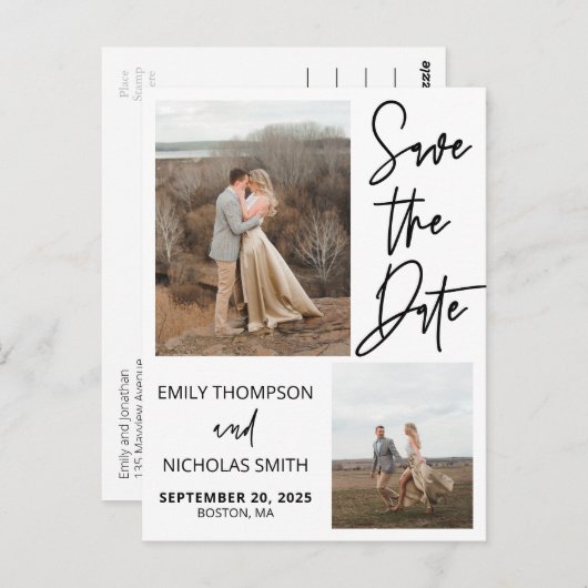 Zwei Bilder Save the Date Postkarte in Schwarz (Vorne/Hinten)