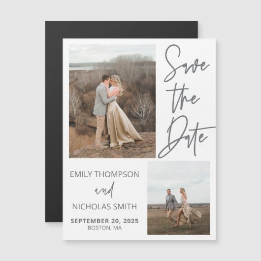 Zwei Bilder speichern die Datumsmagnete in Grau Magneteinladung (Vorne/Hinten)