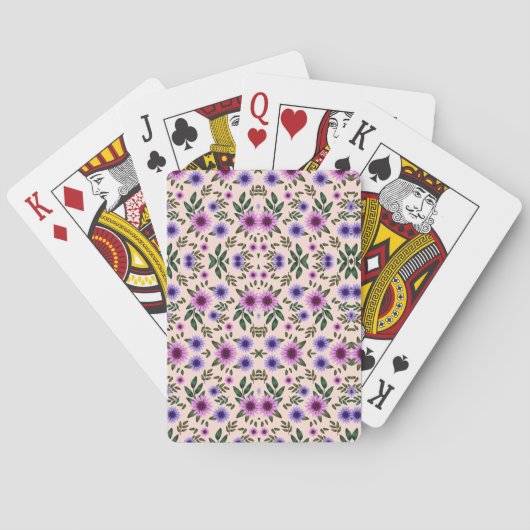 Zwei Bilder zeigen Spielkarten mit floralem Design (Rückseite)