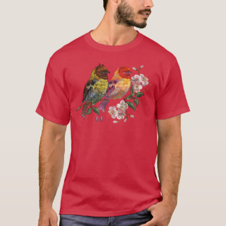 Zwei Bird Blower Cherry Stickerei Familie Retro T-Shirt