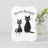 Zwei Black Cats Halloween-Party Einladung (Stehend Vorderseite)
