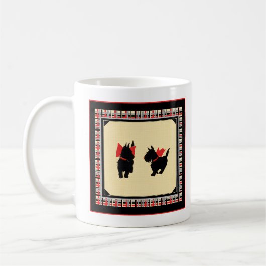 Zwei Black Scottish Terriers Red Bows Tasse (Links)