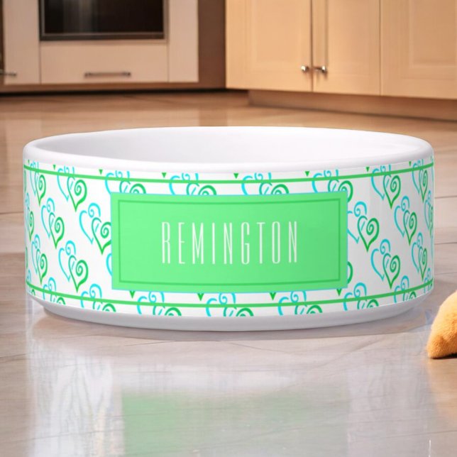 Zwei blau-grün verknüpfte Herz-Muster Napf (custom pet bowl front green linked hearts)