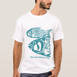 Zwei blaue Fische Lino Block-Druck-T-Shirts T-Shirt