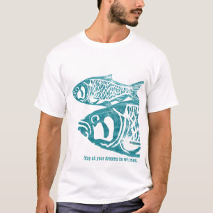 Zwei blaue Fische Lino Block-Druck-T-Shirts T-Shirt