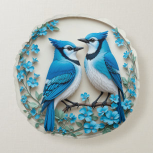 Zwei Blaue Häher, die auf einem Ast ruhen Rundes Kissen