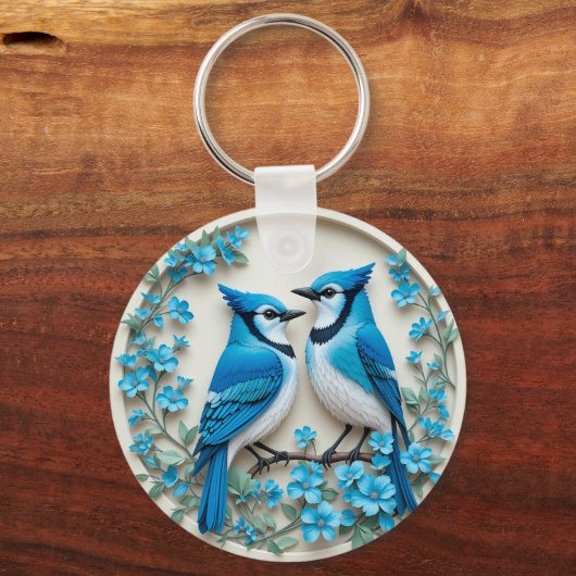 Zwei blaue Jay, die auf einer Zweigstelle stehen Schlüsselanhänger (Vorderseite)