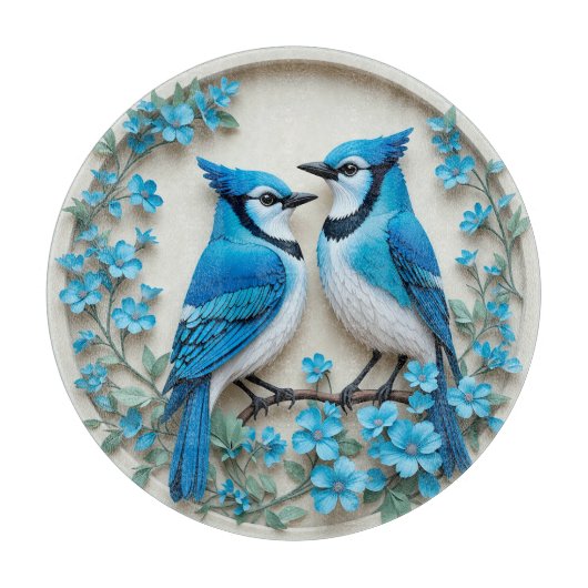 Zwei blaue Jay, die auf einer Zweigstelle stehen Schneidebrett (Vorderseite)