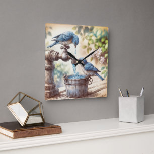 Zwei Blaue Vögel mit Wasserhahn und altem Eimer Quadratische Wanduhr