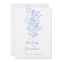 Zwei blaue Vögel öffnen Vogelkäfig Hochzeit