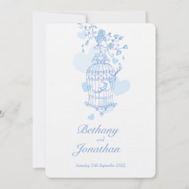 Zwei blaue Vögel öffnen Vogelkäfig Hochzeit Einladung