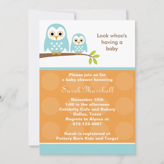 Zwei Blue Owls Baby Shower Einladungen (Orange) (Vorderseite)