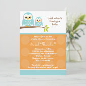 Zwei Blue Owls Baby Shower Einladungen (Orange) (Stehend Vorderseite)