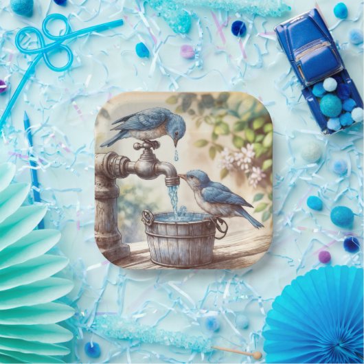 Zwei Bluebirts auf einem Retro-Faucet Pappteller (Party)