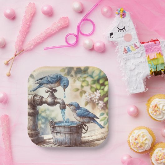 Zwei Bluebirts auf einem Retro-Faucet Pappteller (Party)