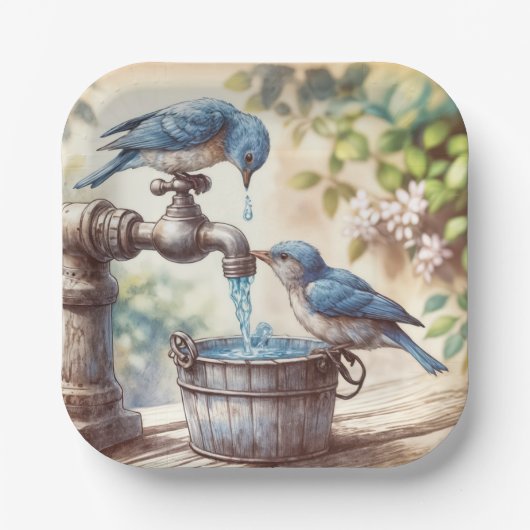 Zwei Bluebirts auf einem Retro-Faucet Pappteller (Vorderseite)