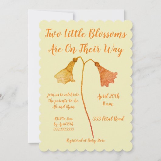 Zwei Blüten Orange Blume Twins Kinderdusche Einladung (Vorderseite)