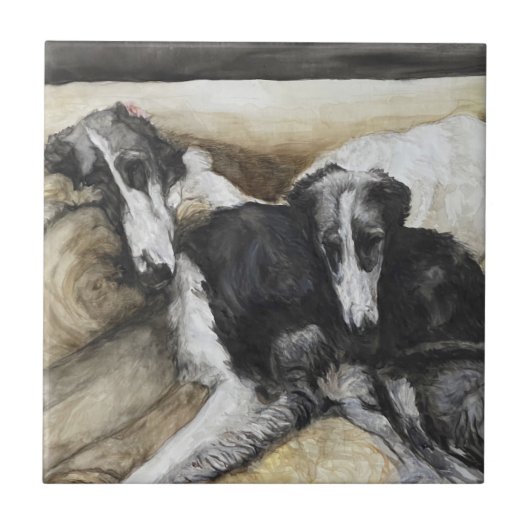 Zwei Borzoi Russische Wolfhound Hunde Keramik Tile Fliese (Vorderseite)