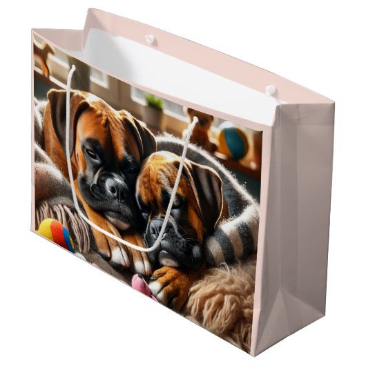 Zwei Boxer, ein Herz Große Geschenktüte (Vorderseite Schrägansicht)