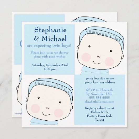 ZWEI BOY Blue Paares Babydusche Einladung (Vorne/Hinten)