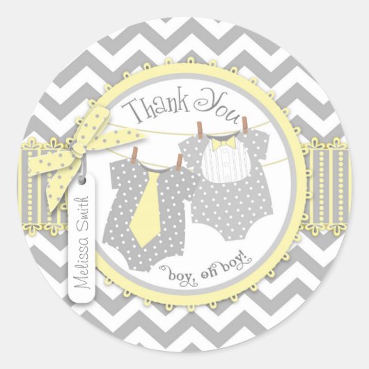 Zwei Boys Bow Krawatte Zickzack Print Danke Label Runder Aufkleber (Vorderseite)