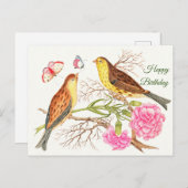 Zwei braune und gelbe Vögel auf Zweigen, Geburtsta Postkarte (Vorne/Hinten)