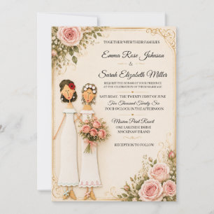 Zwei Braut-Rosen-Blumenstrauß-Hochzeitseinladung