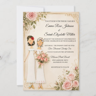 Zwei Braut-Rosenstrauß-Blumen-Hochzeitseinladung