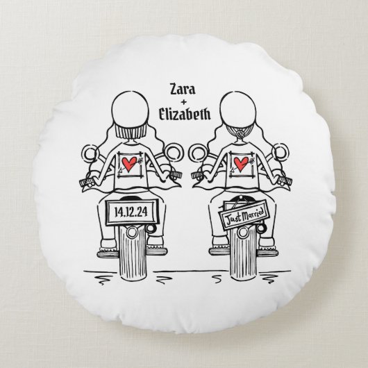 Zwei Brides Biker Motorrad Hochzeit Rundes Kissen (Vorderseite)