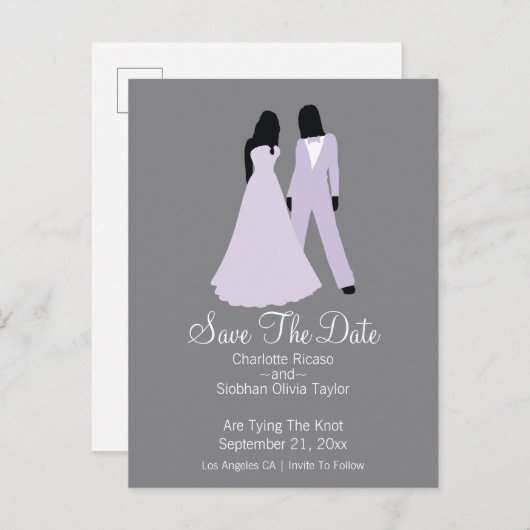 Zwei Brücken Save the Date Hochzeit (Lilac und Gra Ankündigungspostkarte (Vorne/Hinten)