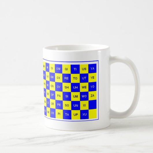 Zwei Buchstaben Wort blau und Gelb US Englisch Kaffeetasse (Rechts)
