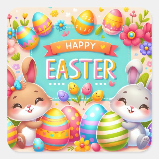 Zwei Bunnies feiern Ostern Quadratischer Aufkleber (Vorderseite)