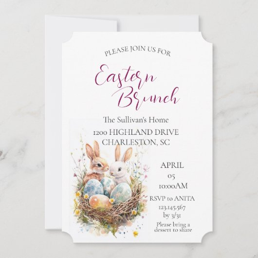 zwei Bunnies im Korb mit Eiern Osterbrunch Einladung (Vorderseite)