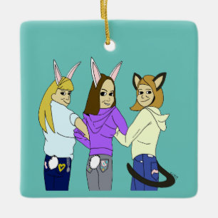 Zwei bunnies und ein Kätzchen Keramikornament