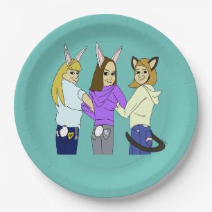 Zwei bunnies und ein Kätzchen Pappteller
