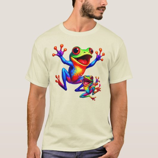 Zwei bunte Frösche, die vor Freude springen. T-Shirt (Vorderseite)