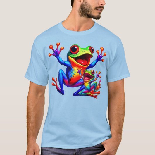 Zwei bunte Frösche, die vor Freude springen. T-Shirt (Vorderseite)