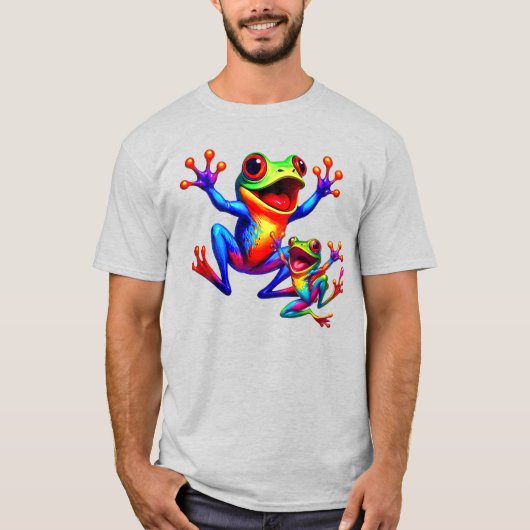 Zwei bunte Frösche, die vor Freude springen. T-Shirt (Vorderseite)