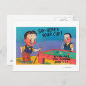 Zwei Cartoon Männer spielen Pool, hier ist dein Cu Postkarte (Vorne/Hinten)