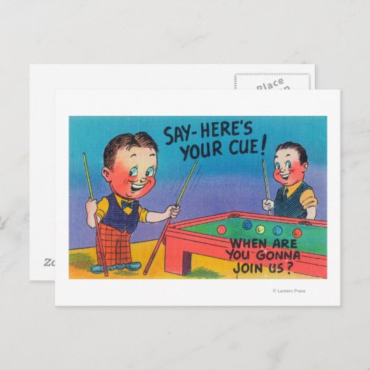 Zwei Cartoon Männer spielen Pool, hier ist dein Cu Postkarte (Vorne/Hinten)
