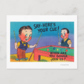 Zwei Cartoon Männer spielen Pool, hier ist dein Cu Postkarte (Vorderseite)