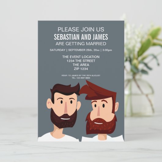 Zwei Cartoon mit schwulen Hochzeitsgarten Einladung (Stehend Vorderseite)