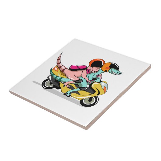 Zwei Cartoon-Raptoren fahren mit einem Motorroller Fliese (Seite)