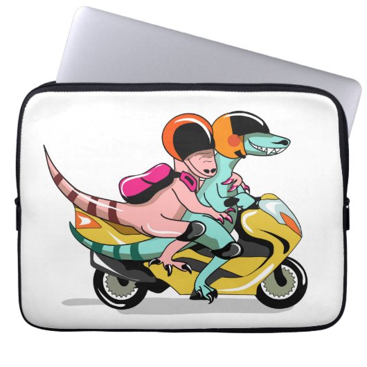 Zwei Cartoon-Raptoren fahren mit einem Motorroller Laptopschutzhülle (Vorderseite)