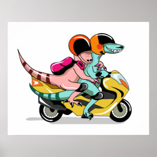 Zwei Cartoon-Raptoren fahren mit einem Motorroller Poster