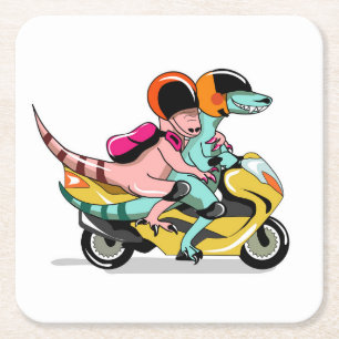 Zwei Cartoon-Raptoren fahren mit einem Motorroller Rechteckiger Pappuntersetzer
