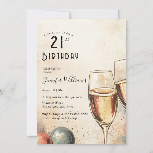 Zwei Champaign-Gläser 21. Party Einladung (Vorderseite)