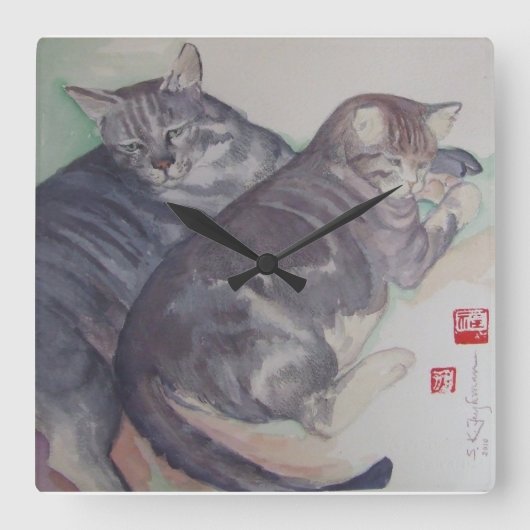 Zwei Chat Square Wall Clock Quadratische Wanduhr (Vorderseite)