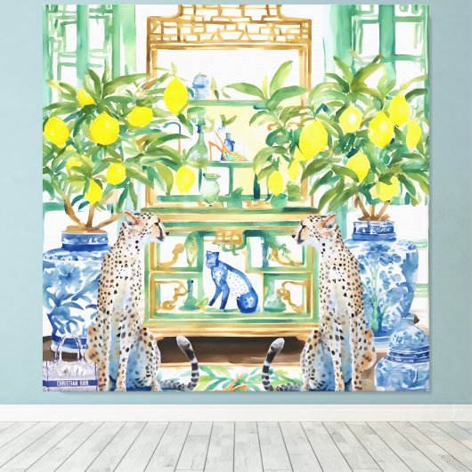 Zwei Cheetahs in chinoiserie Interieur mit Ingwer Leinwanddruck (Insitu (Holzboden))