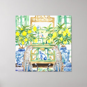 Zwei Cheetahs in chinoiserie Interieur mit Ingwer Leinwanddruck